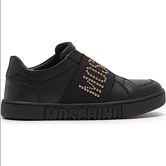 NWT Moschino Banded Slip-on Black Leather Sneakers 38 Gold Crystals - Picture 2 of 8